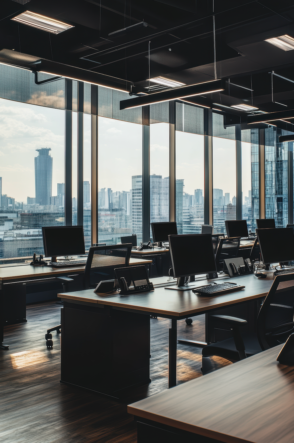 A large office with lots of windows and tables and chairs.