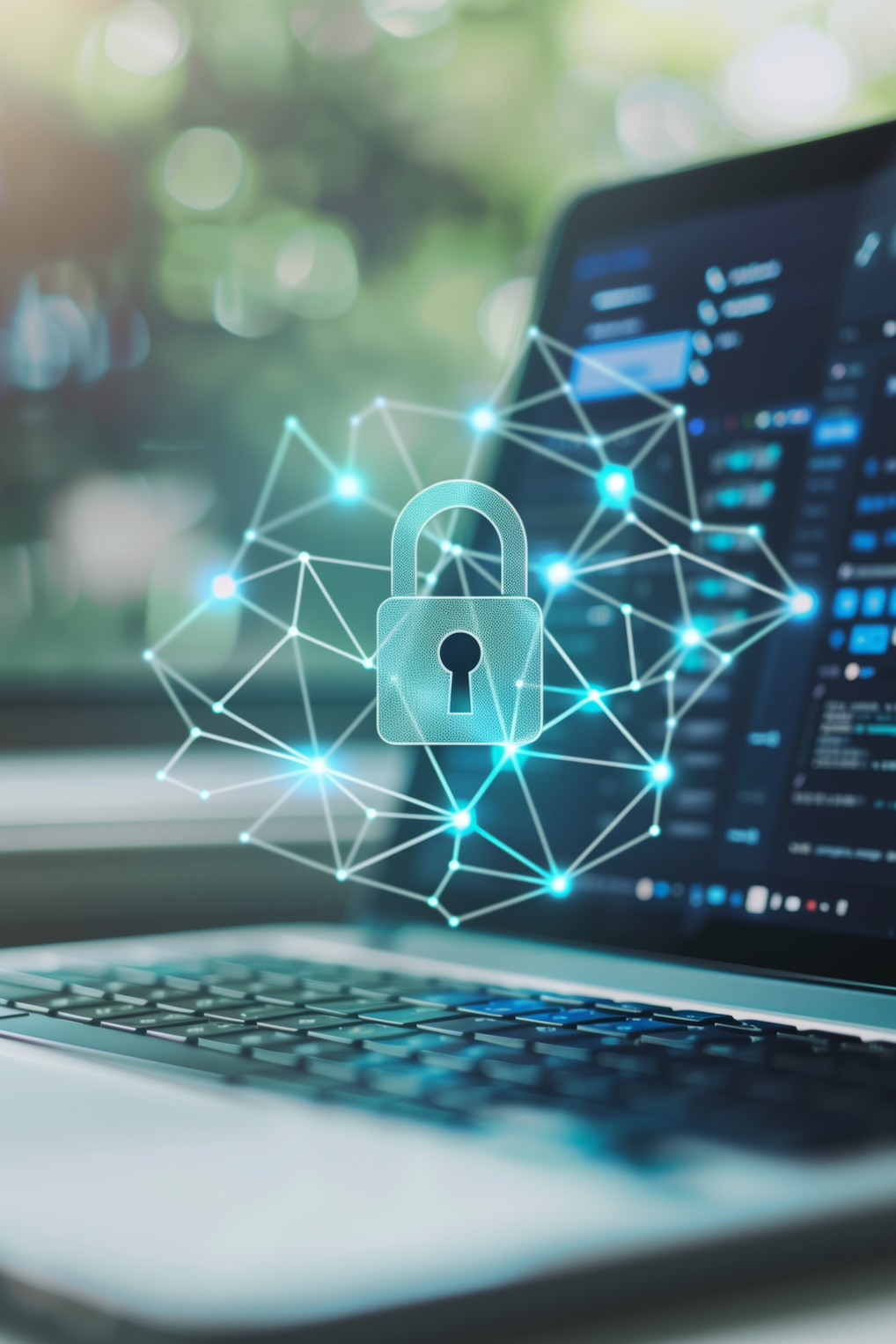 A laptop computer with a glowing padlock on the screen.