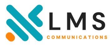 A blue and orange logo for lms communications