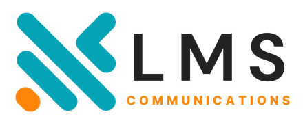 A blue and orange logo for lms communications