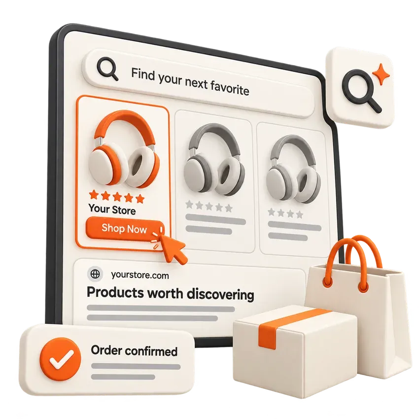 An online store product ranking first in search with a Shop Now button and an order confirmed