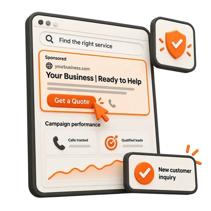A sponsored Google ad with a Get a Quote button, tracked calls and a new customer inquiry