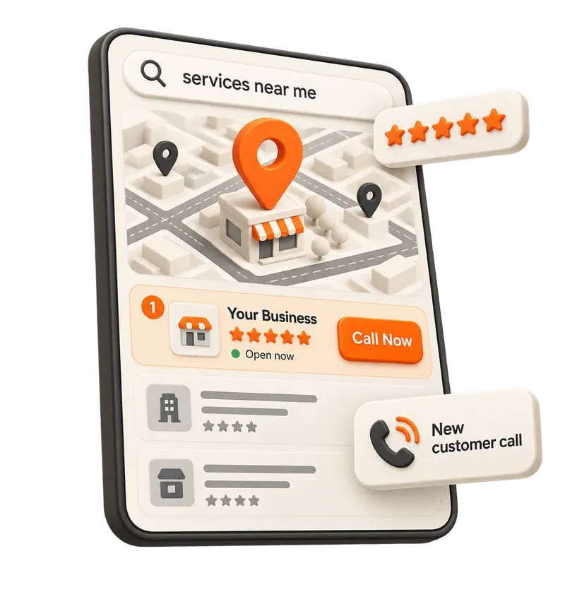 Your business ranked first on the Google map for services near me, with five star reviews and a new customer call
