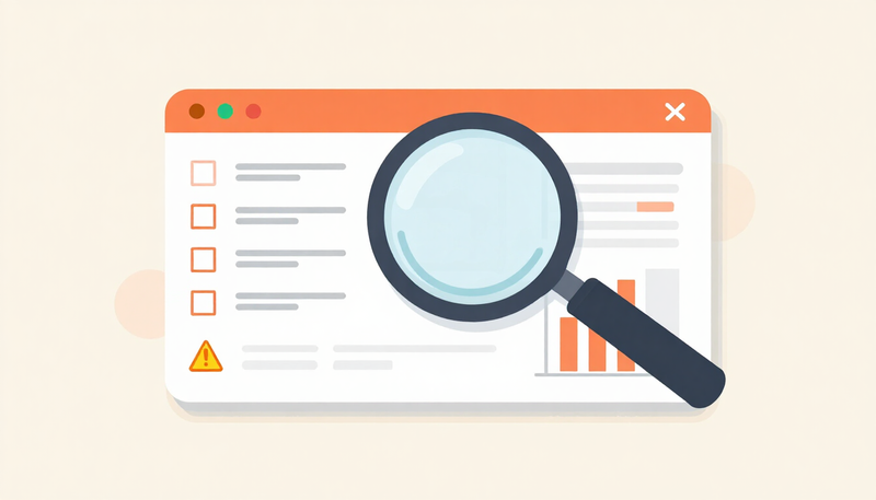 A magnifying glass inspecting a Google Ads dashboard with charts and a checklist