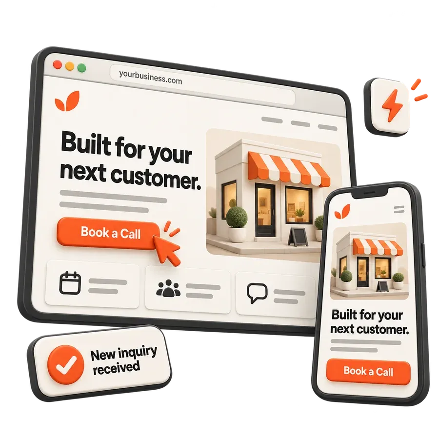 A business website shown on desktop and mobile with a Book a Call button and a new inquiry received