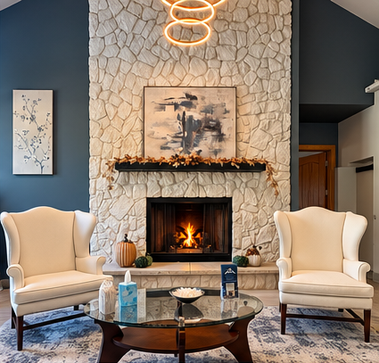 Cozy living room with stone fireplace, two cream armchairs, and a round coffee table.