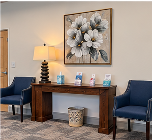 Waiting area with blue chairs, wooden console table, lamp, floral wall art, and brochures.