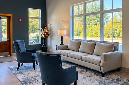 Modern living room with a light sofa, blue chairs, lamp, and large windows showing autumn trees