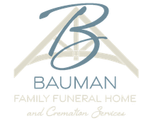 Bauman Family Funeral Home and Cremation Services logo with stylized blue and tan roof lines