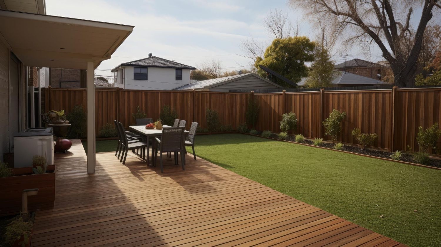 Backyard patio with wooden deck, outdoor dining table, and green lawn bordered by a fence.