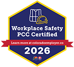 Workplace Safety PCC Certified badge with blue shield, yellow border, and red 2026 ribbon