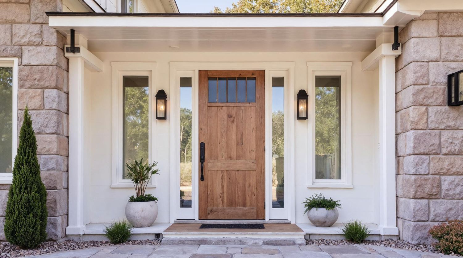 Front entrance of a modern stone house with a wooden door, sidelights, potted plants, and lantern sconces.