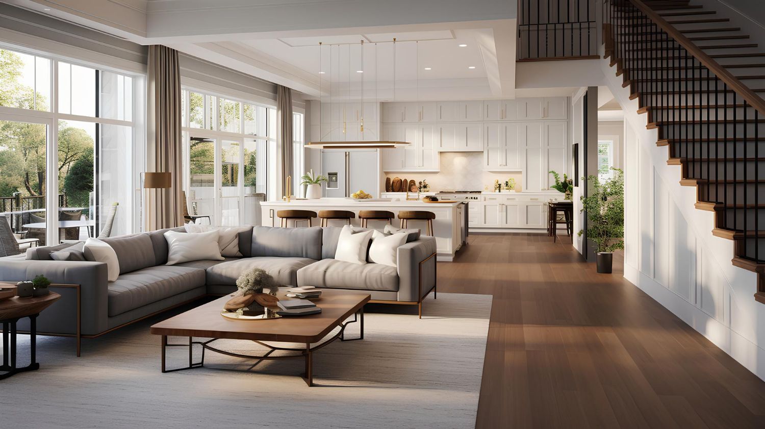 Bright open living room with gray sectional, wood floors, large windows, and a staircase on the right.