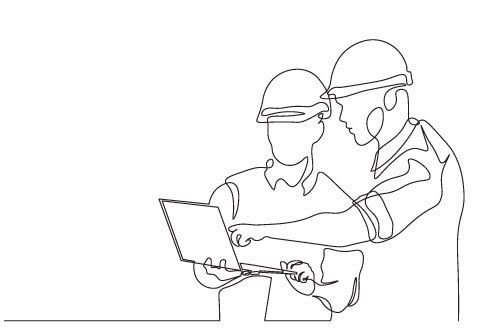 abstract line drawing of two construction workers in hard hats