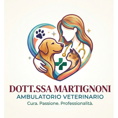 Logo della clinica veterinaria Dott.ssa Martignoni con cane, gatto e donna all'interno di un disegno a forma di cuore.