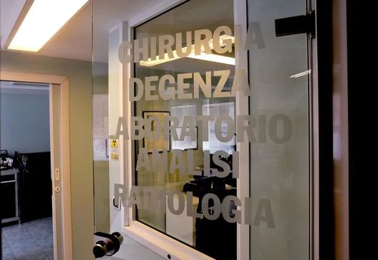 Porta a vetri con scritte satinate per il laboratorio di patologia di un ospedale, situata in un corridoio.