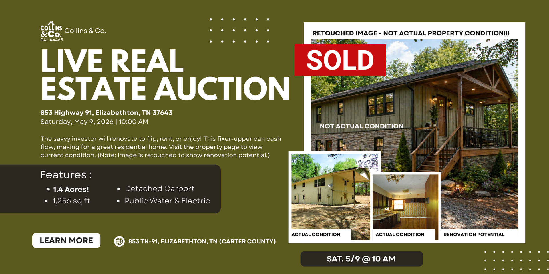 Live real estate auction ad with red SOLD banner and house photos on olive background