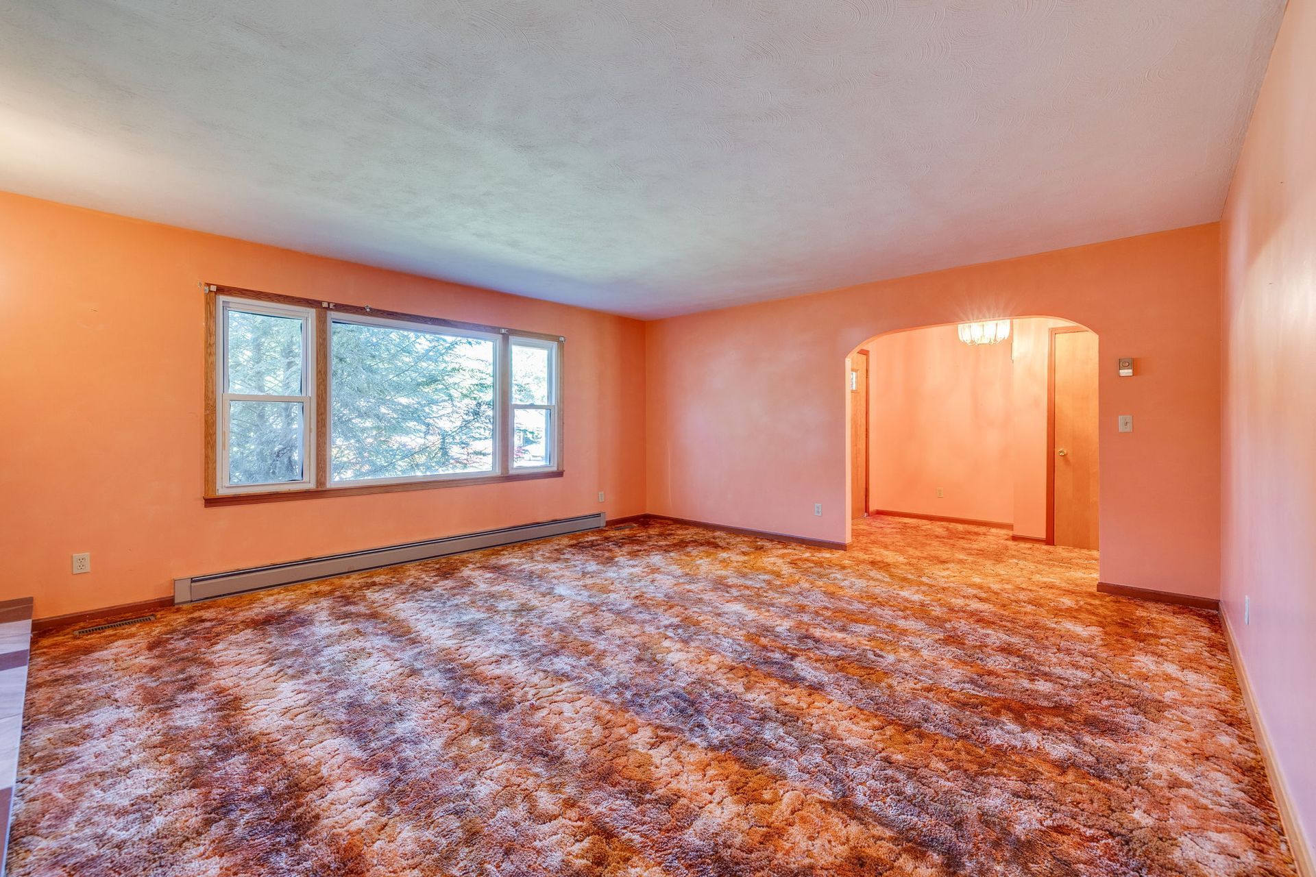Empty peach-colored living room with patterned carpet and large window