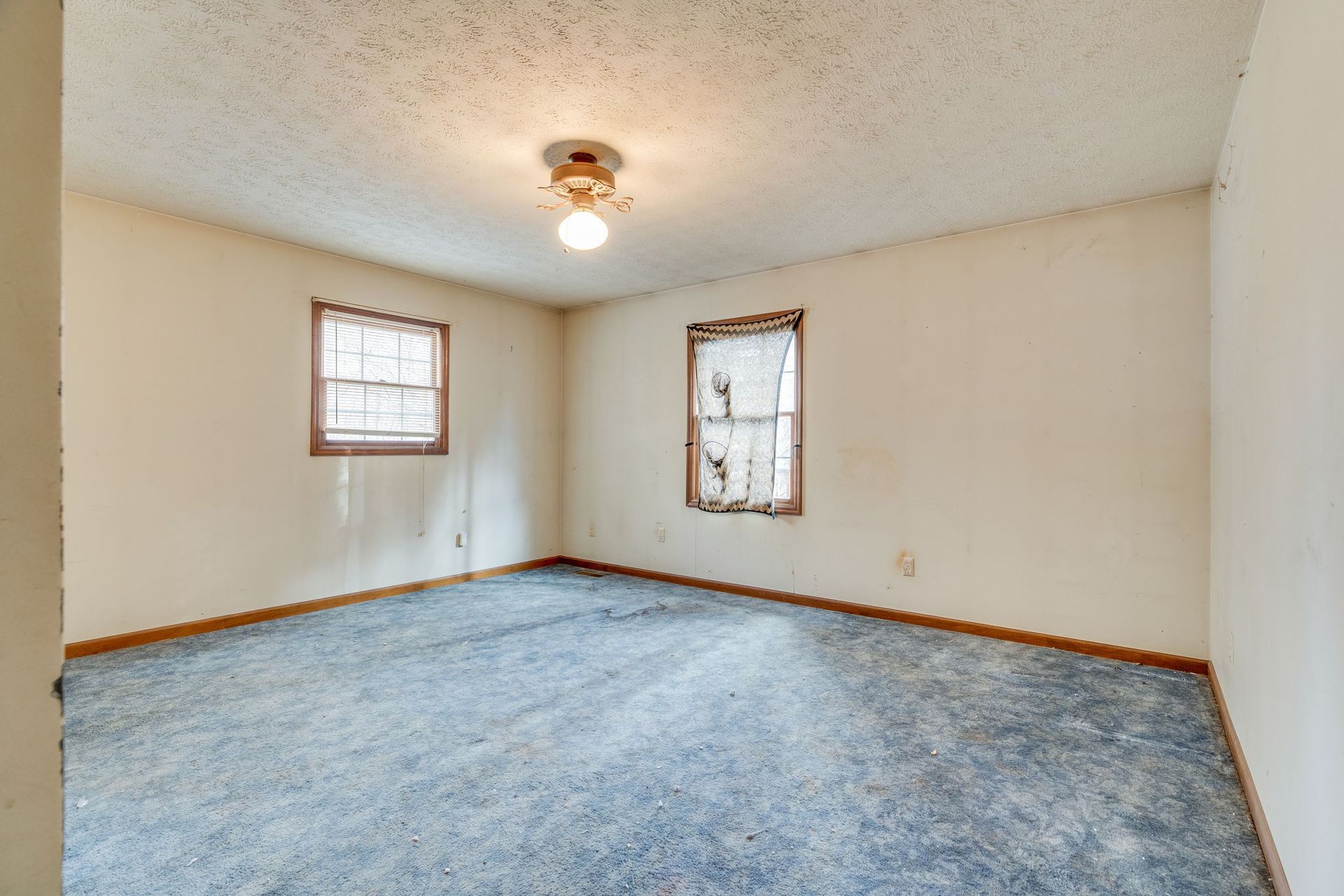 Empty room with blue carpet, two windows, and a light fixture on the ceiling.