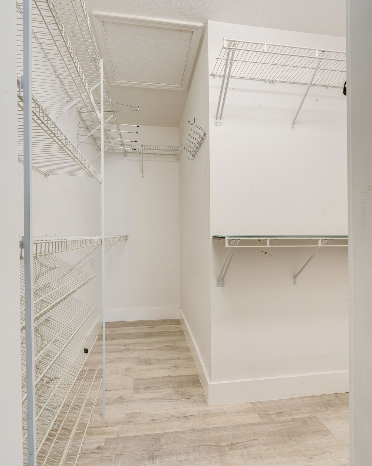 Empty walk-in closet with white wire shelving and light wood flooring