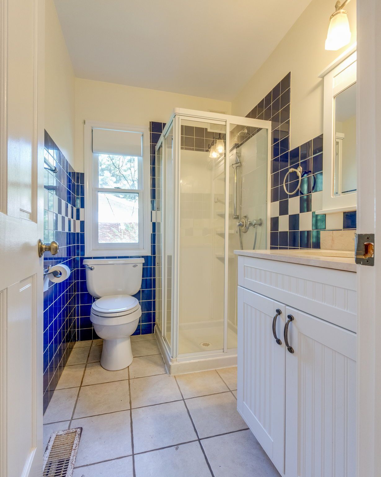 Small bathroom with blue-and-white tile, toilet, glass shower, and white vanity.