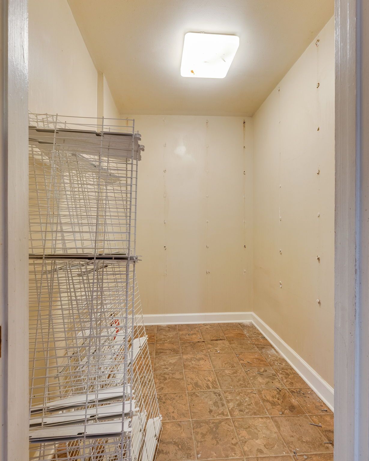 Empty closet with beige walls, overhead light, and wire shelving on the left; unfinished subfloor.