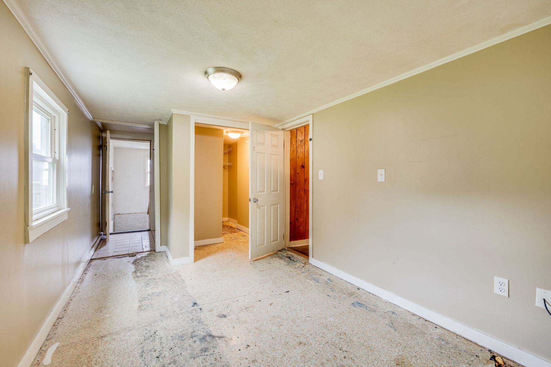 Empty beige hallway with carpet, windows on the left, and open doorways ahead