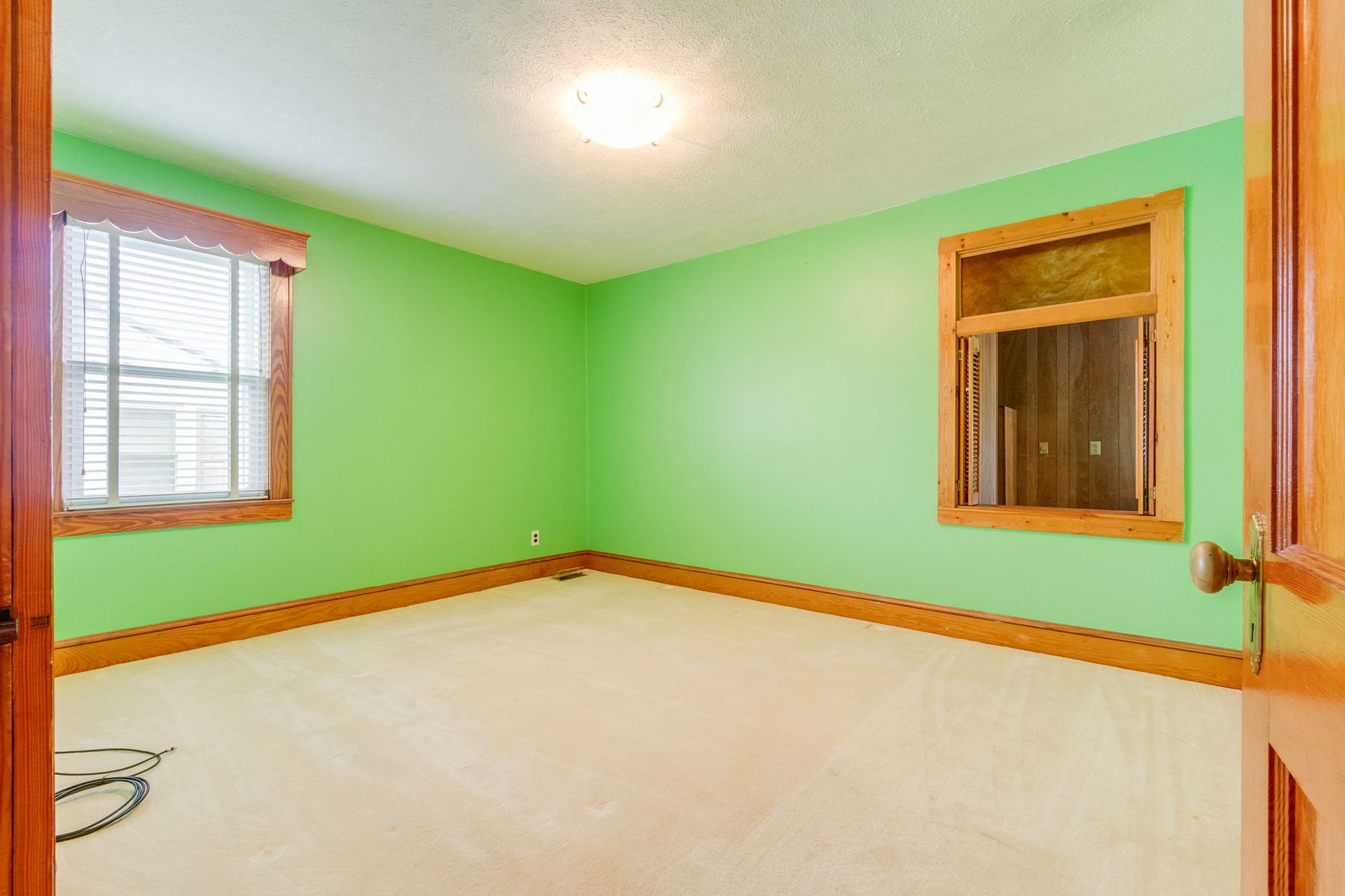 Empty room with bright green walls, beige carpet, wood trim, and two windows.