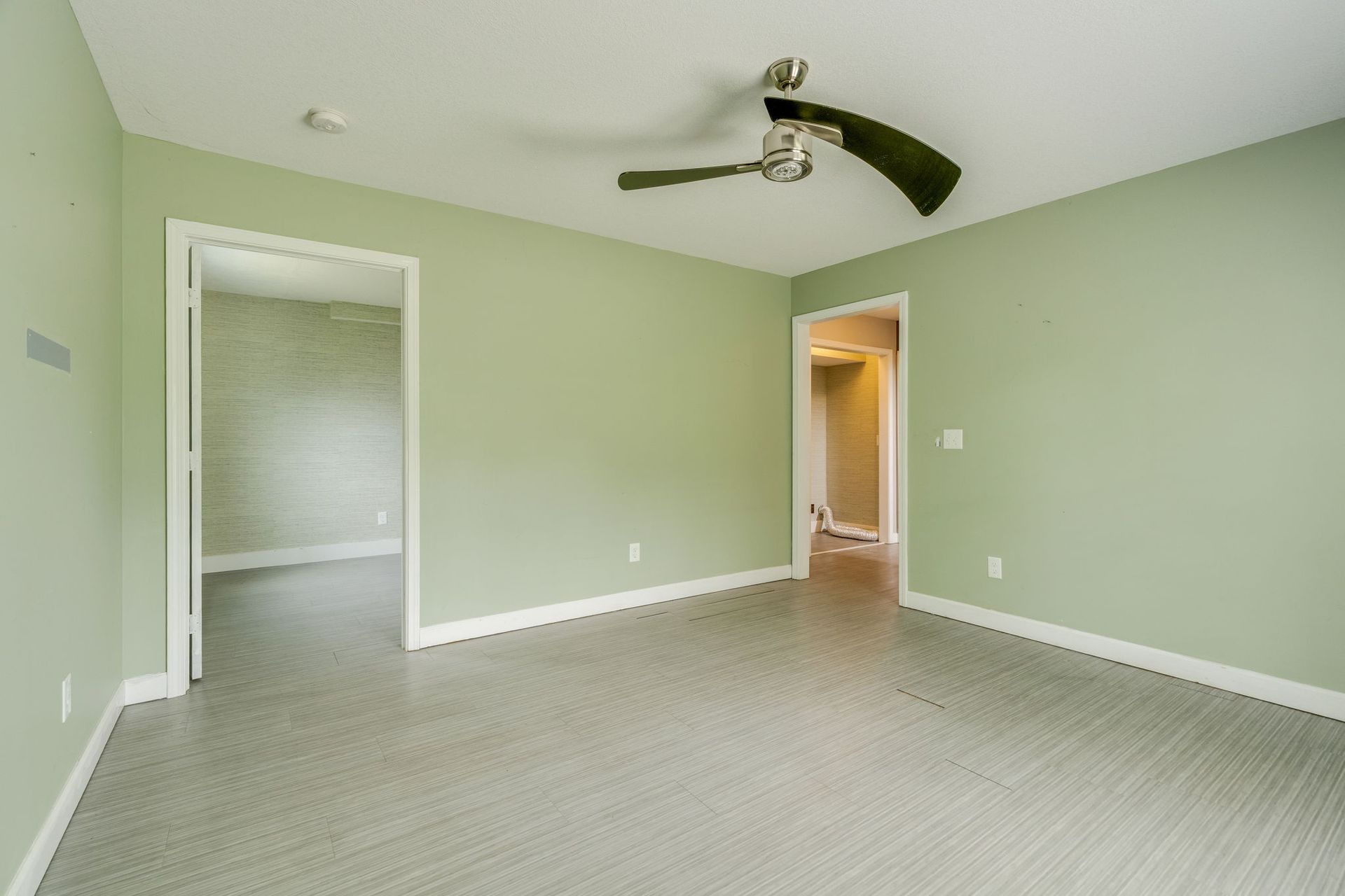 Empty light green bedroom with carpet, ceiling fan, and open doorways to adjacent rooms.