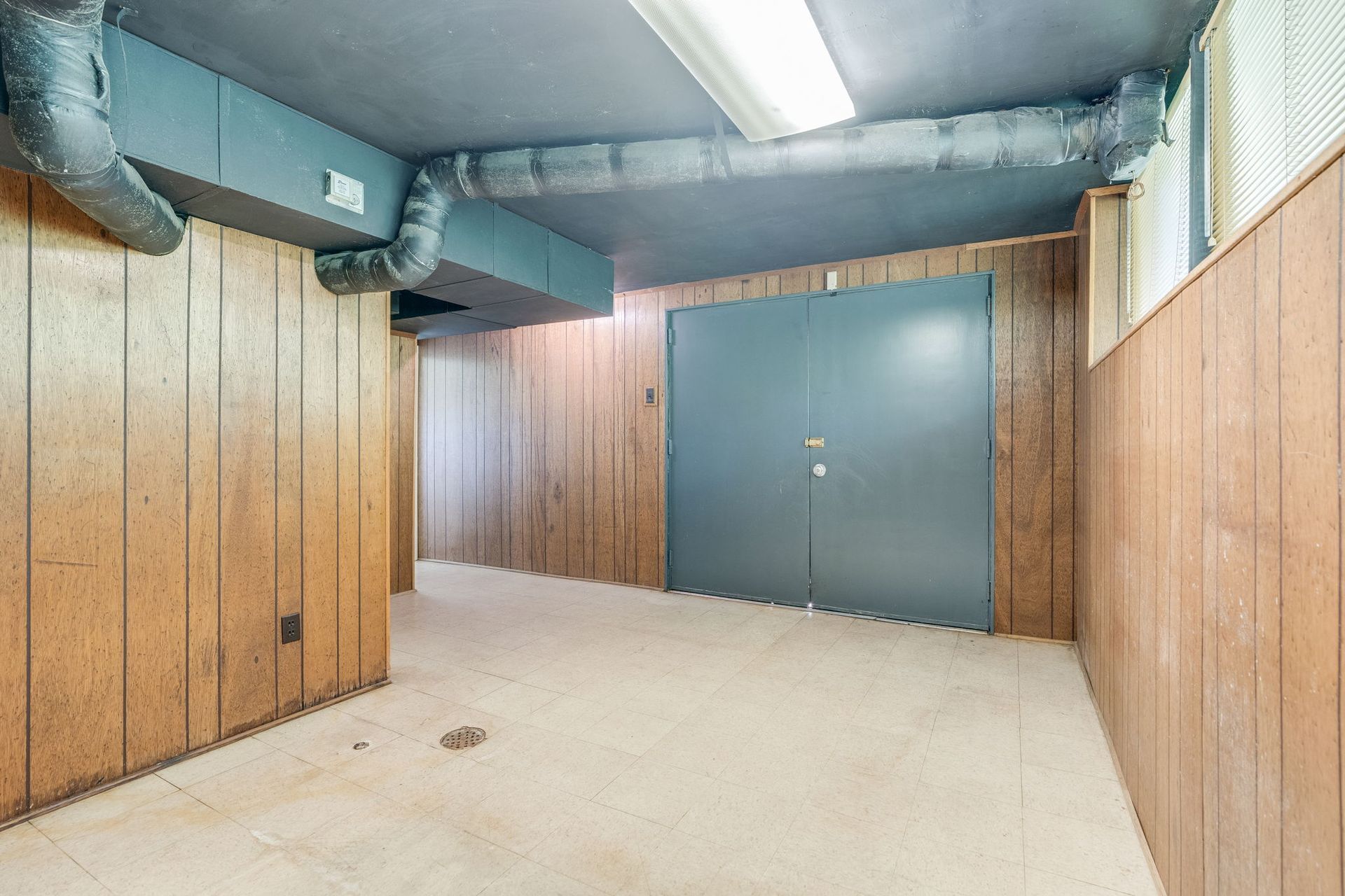 Empty wood-paneled basement room with blue ductwork, beige carpet, and a gray double door.