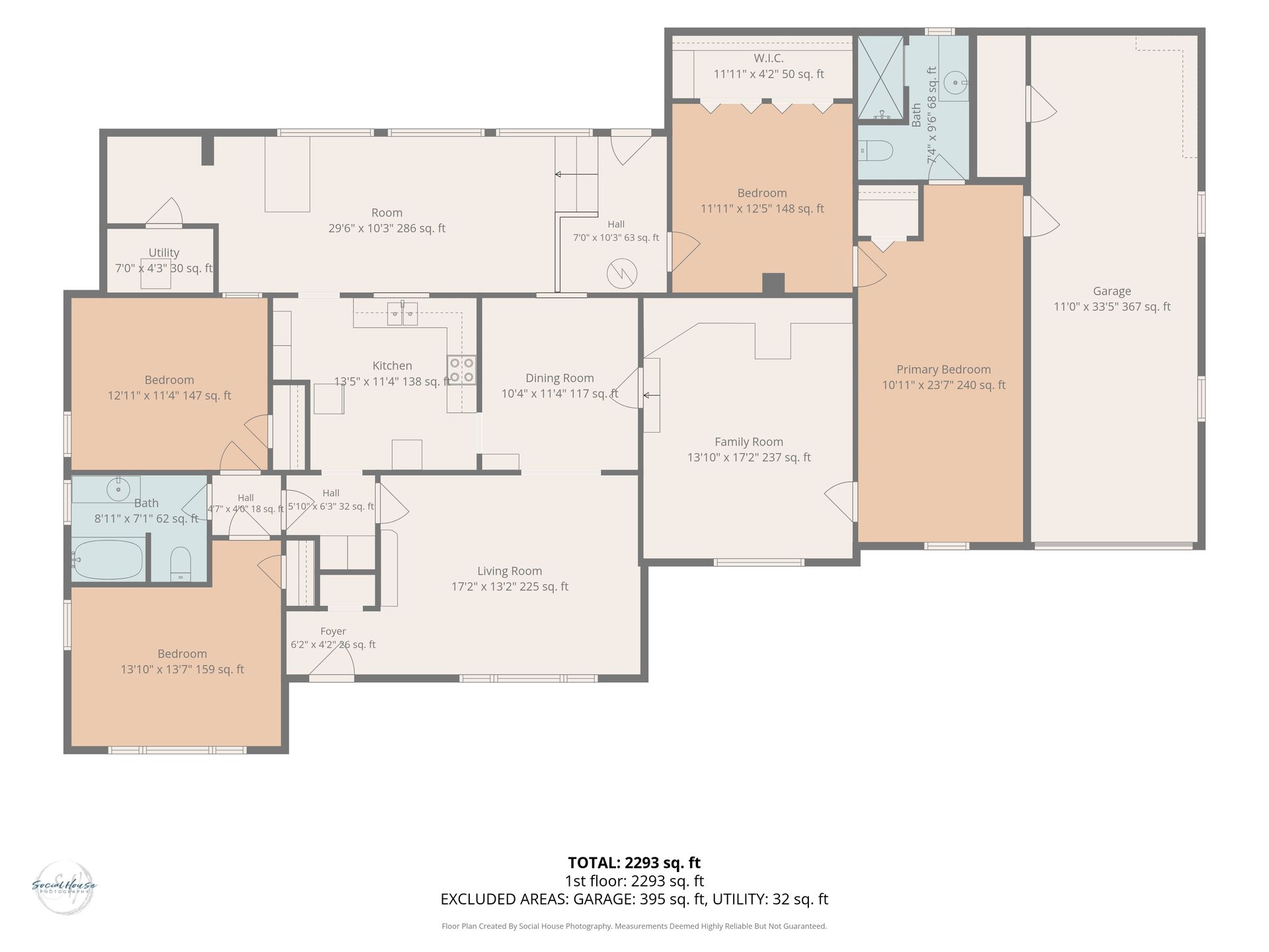 Color-coded floor plan of a house layout with rooms outlined and labeled.