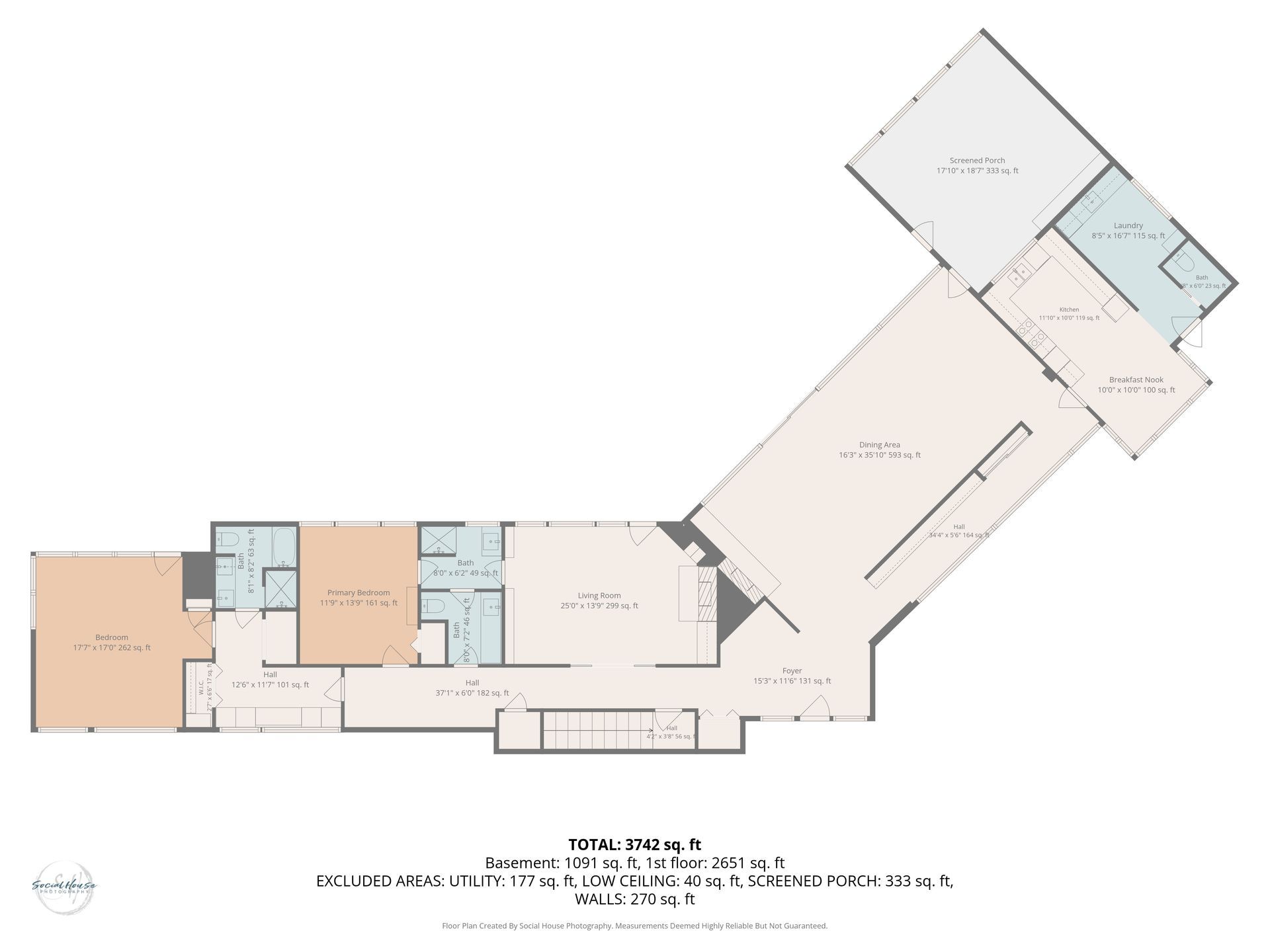 Architectural floor plan with several connected rooms in muted beige, blue, and white blocks.