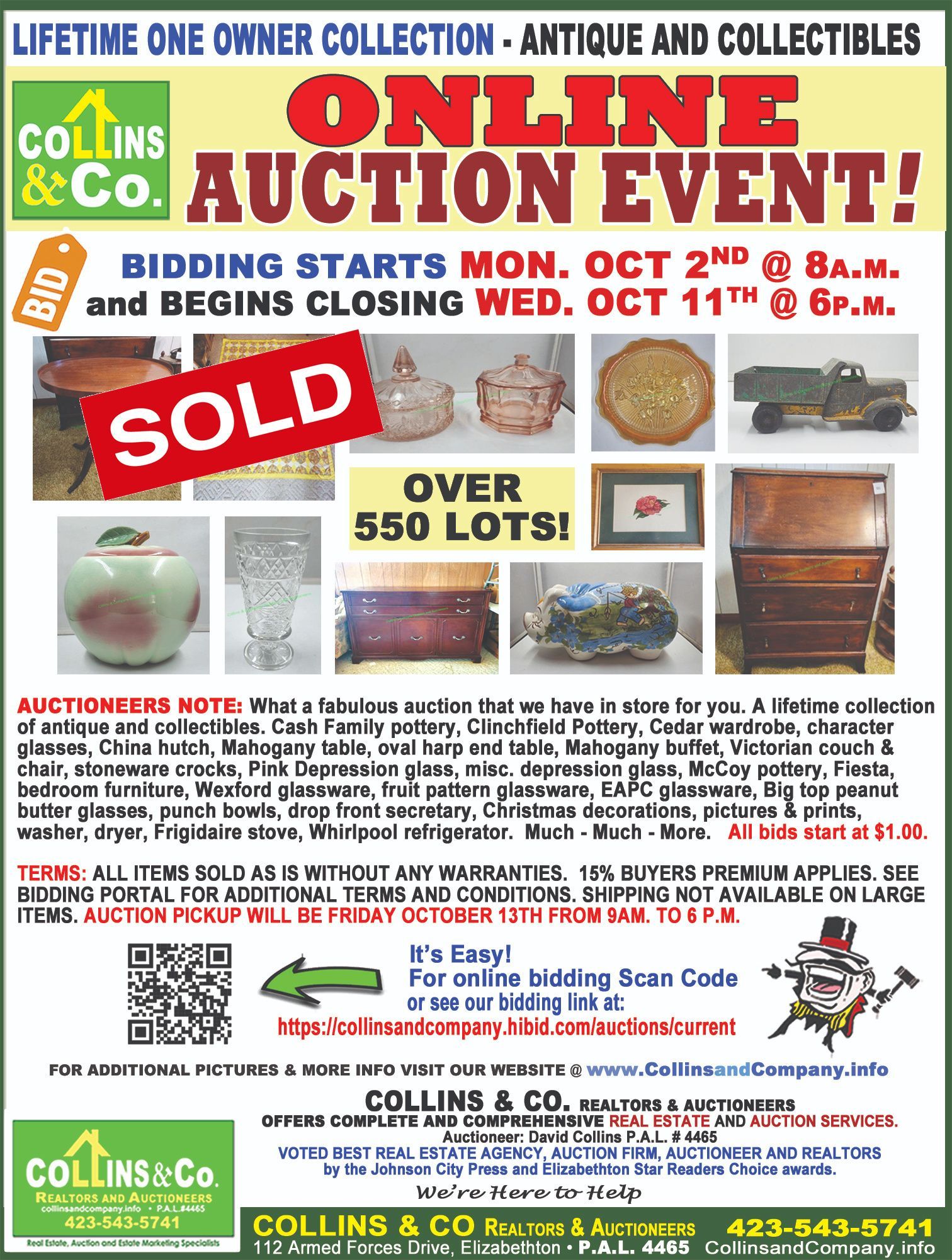 A flyer for an online auction event is sold over 550 lots.