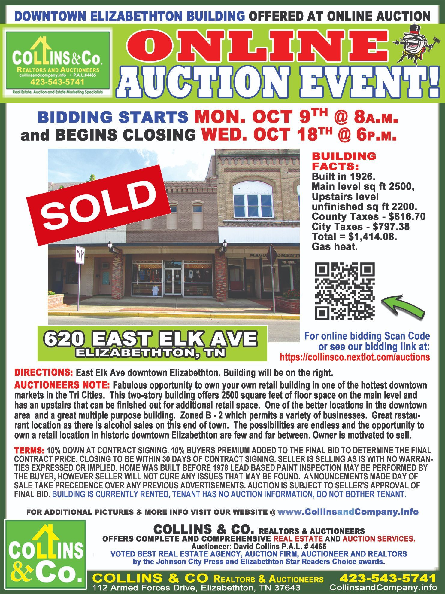 A flyer for an online auction event with a picture of a building being sold.