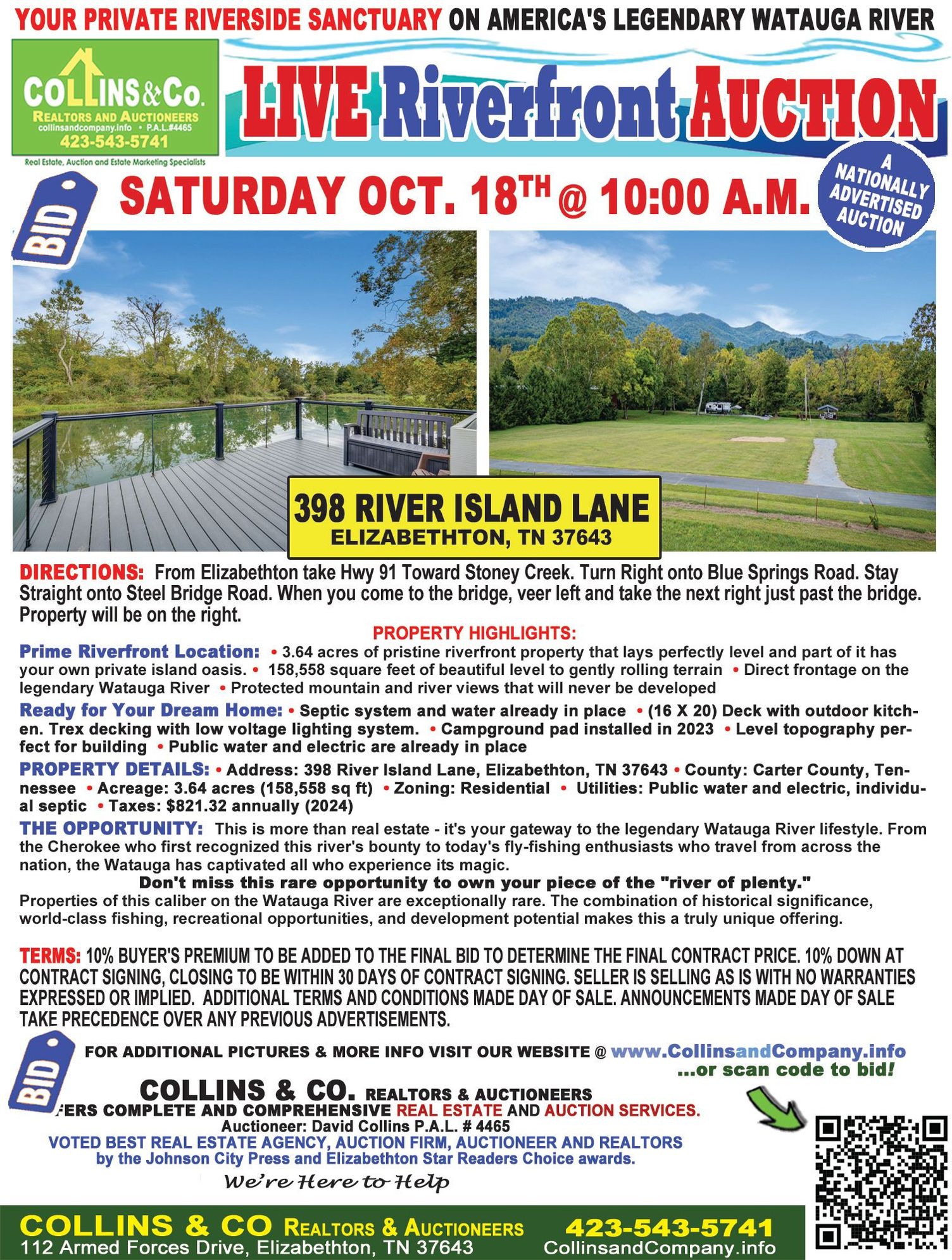 An auction advertisement for a riverside property. The text includes the auction details and location.