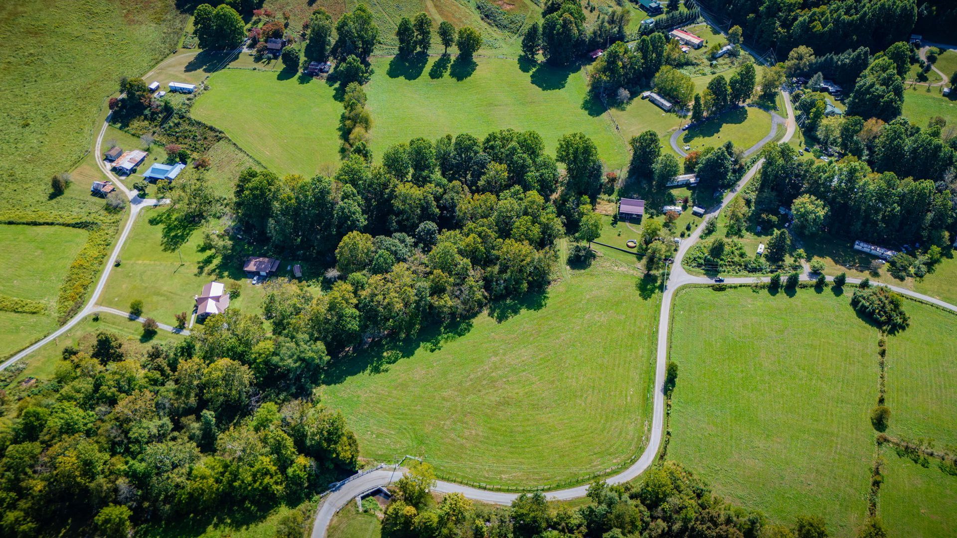 Aerial view of green farmland with winding roads, scattered trees, and a few houses.