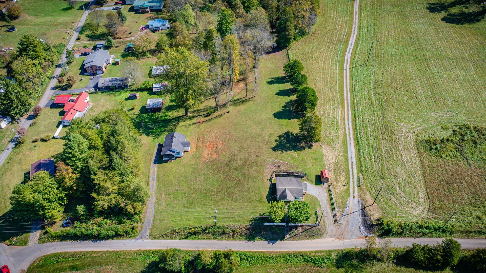 Aerial view of rural homes, green fields, and a dirt road lined with trees