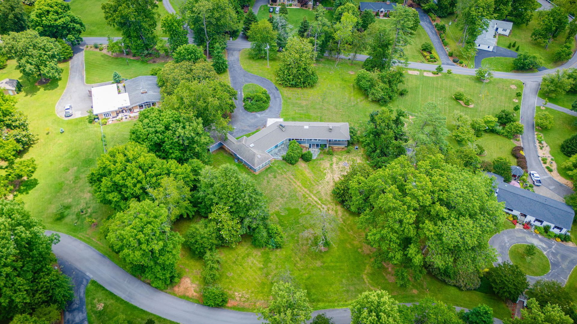 Aerial view of houses nestled among dense green trees and winding roads in a leafy neighborhood