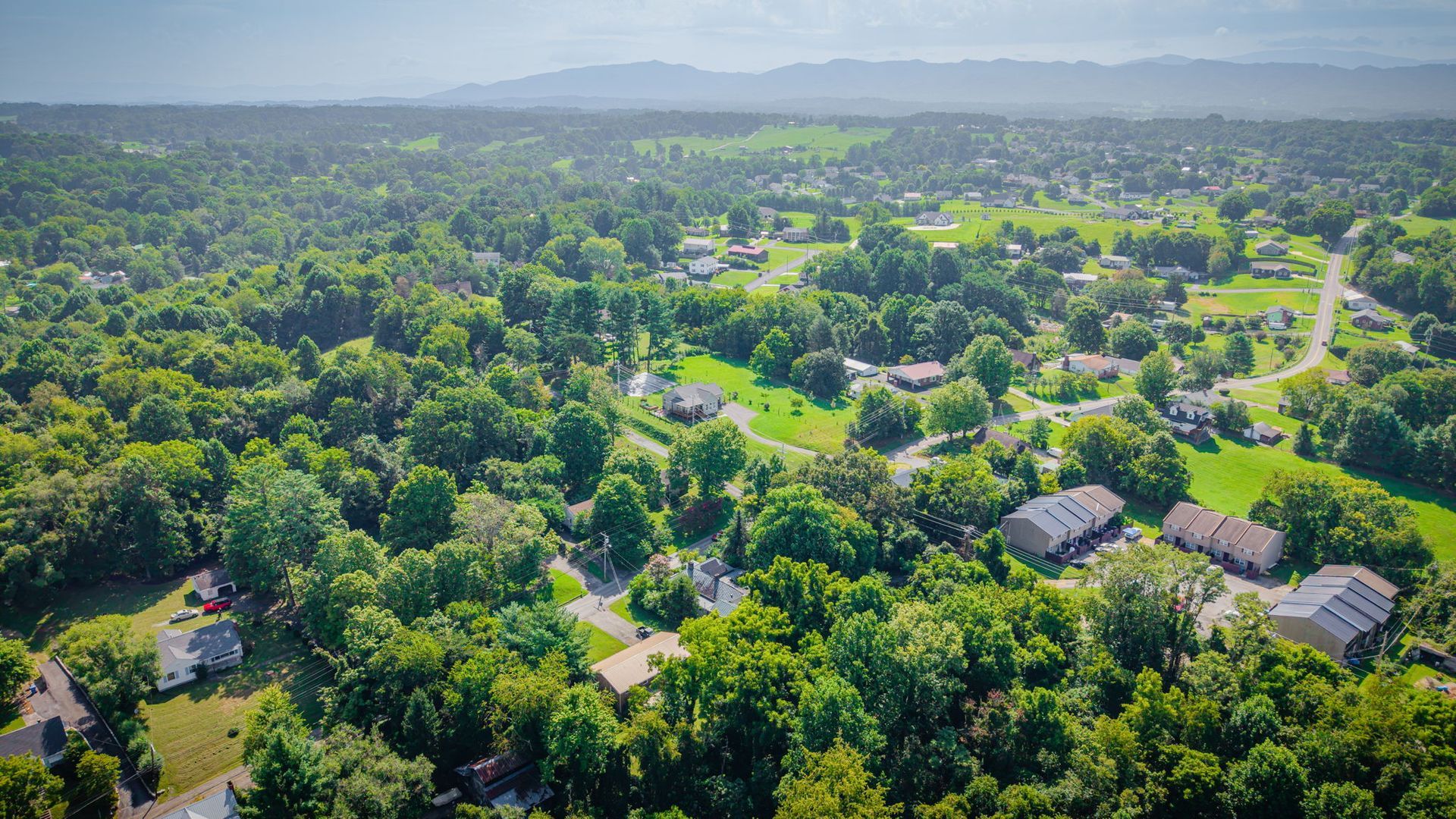 Aerial view of a lush green neighborhood with scattered houses and distant hills under a hazy sky