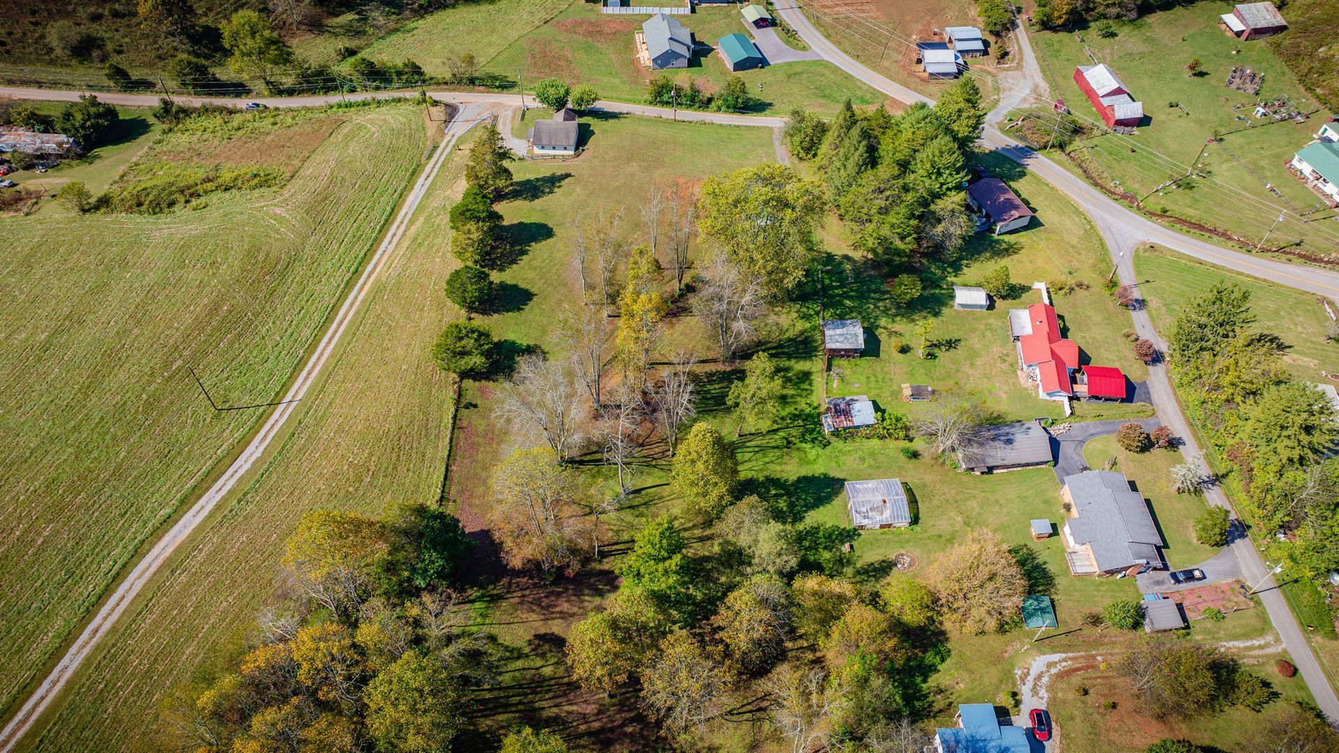 Aerial view of a rural field beside a row of houses, gardens, and trees under bright sunlight.