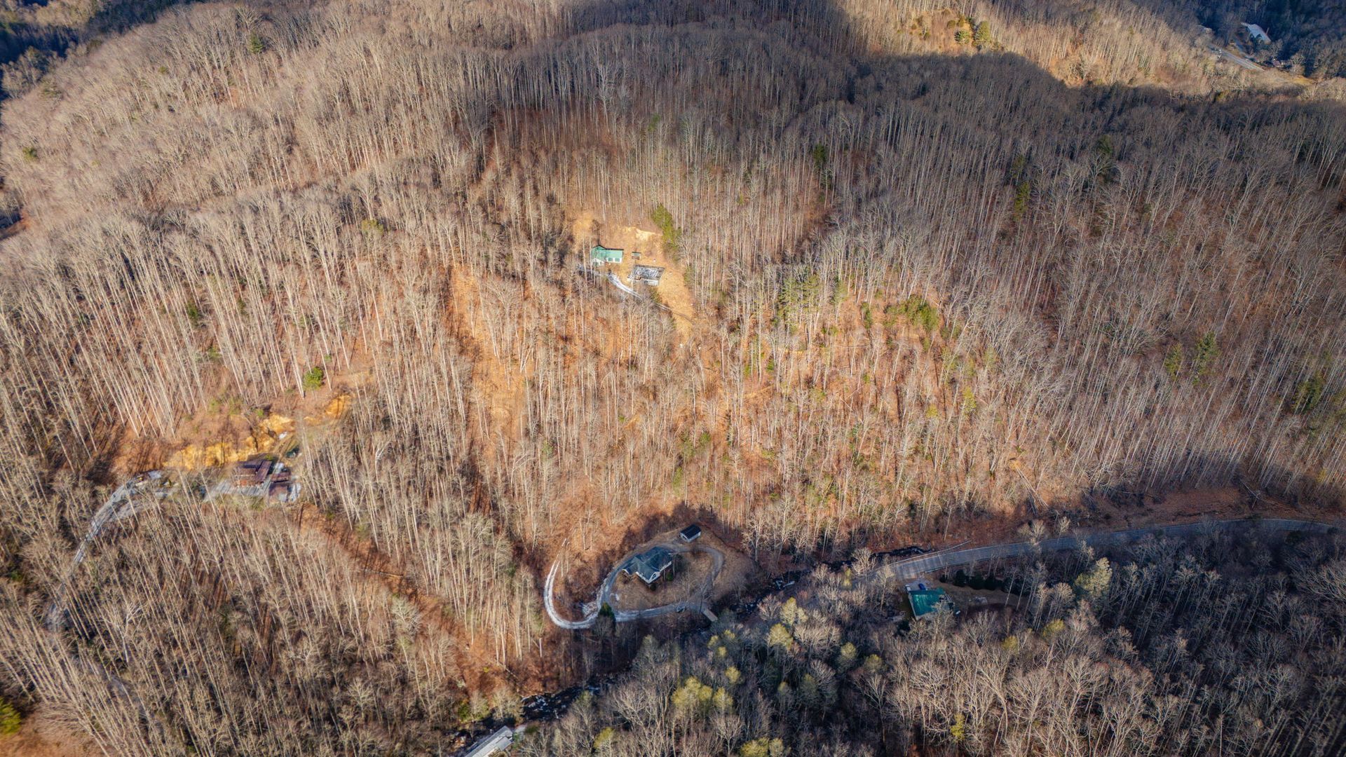 Aerial view of a mountain covered in brown trees, with a few buildings and a road winding through it.