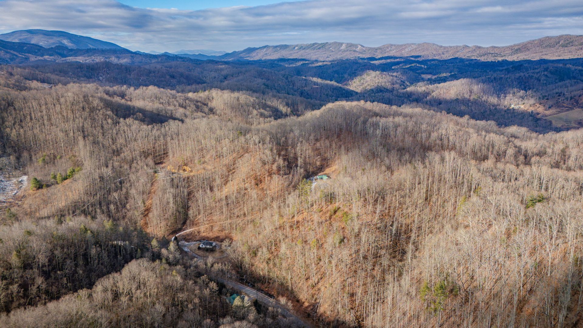 Aerial view of a mountain range covered in trees with a blue sky.