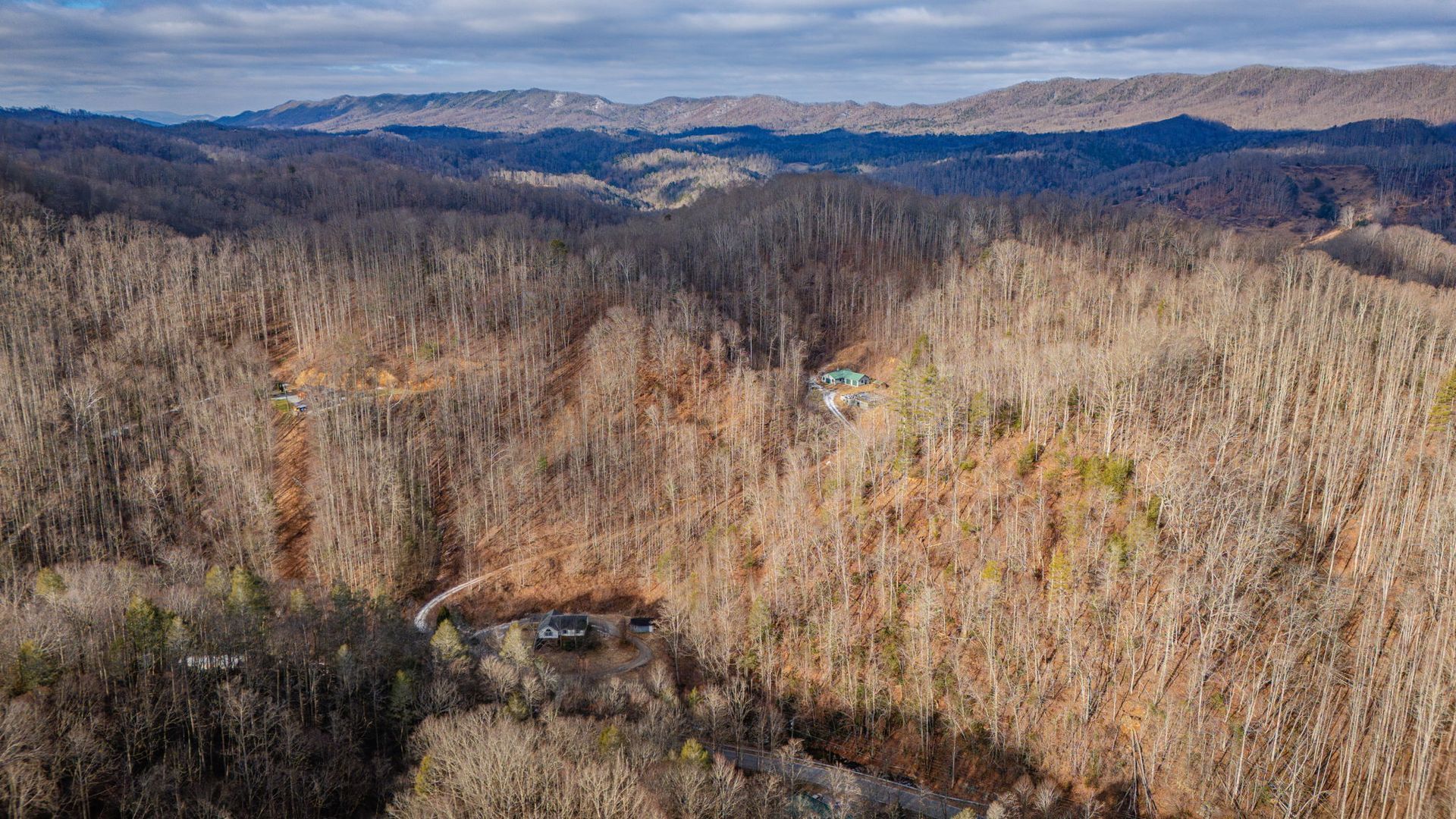 Aerial view of a mountain landscape with trees in autumn colors and a house nestled in the trees.