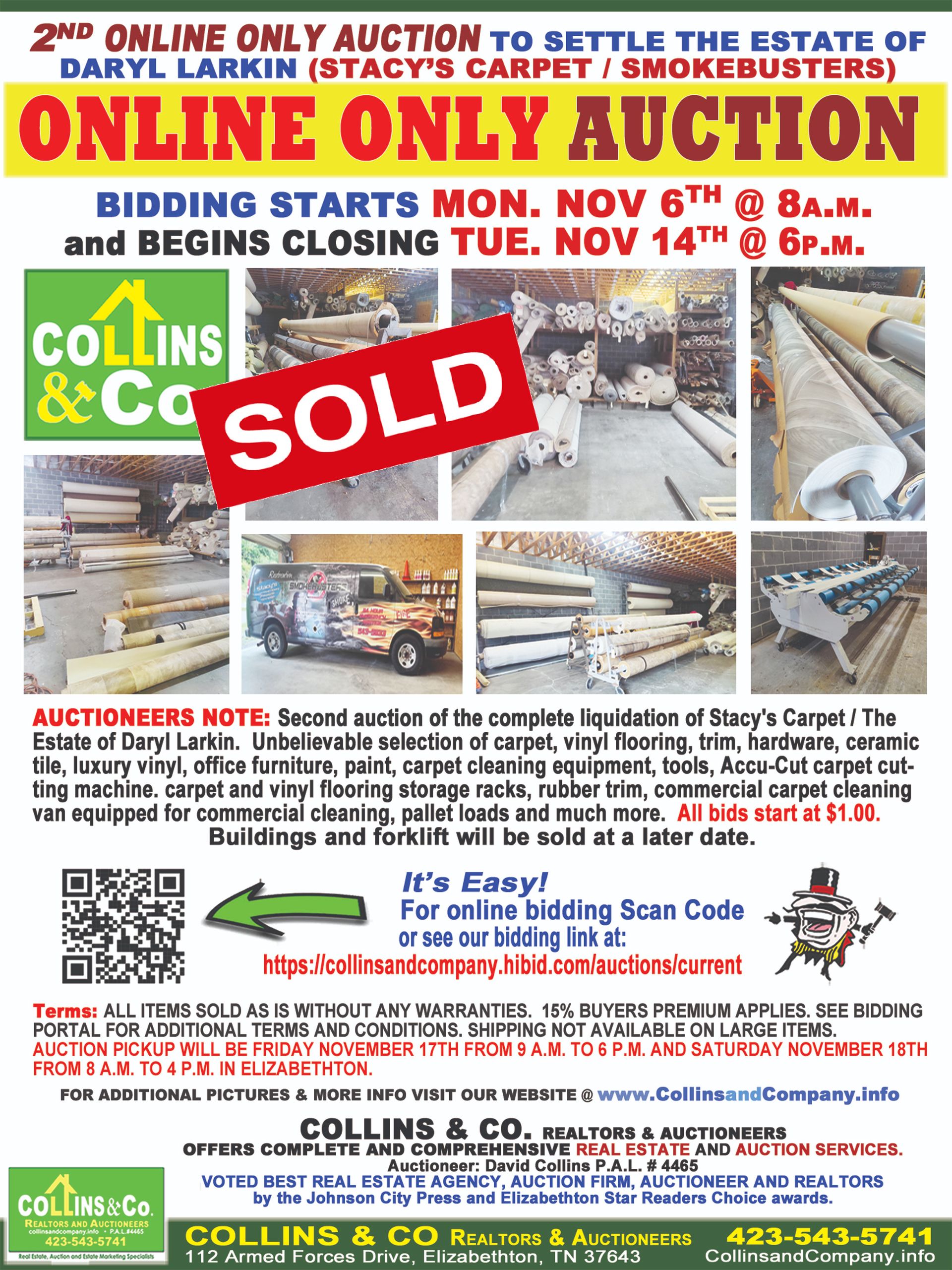 A poster for an online only auction that is sold.