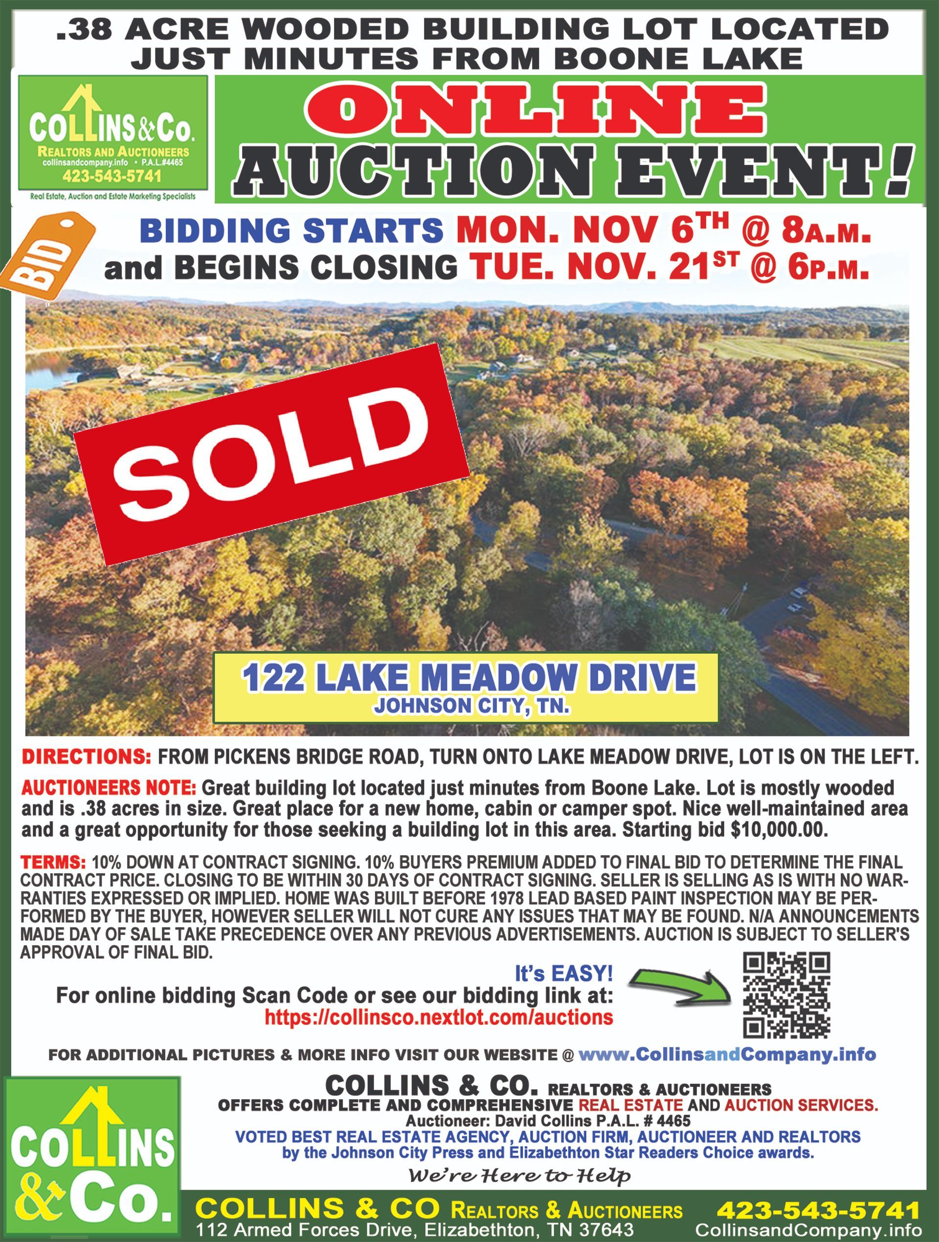 A sold sign is on a poster for an online auction event.