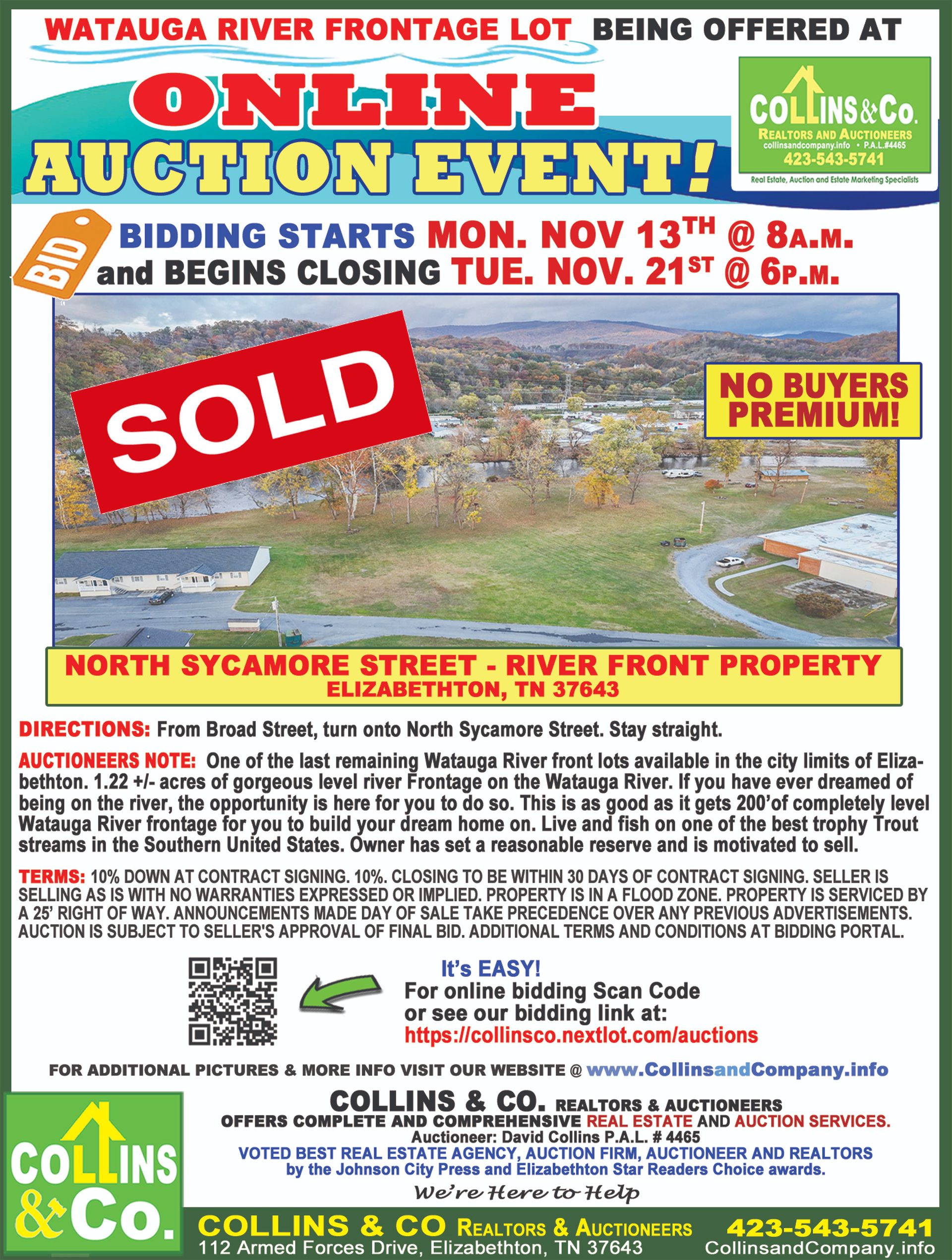 An advertisement for an online auction event that is being offered at collins & co.