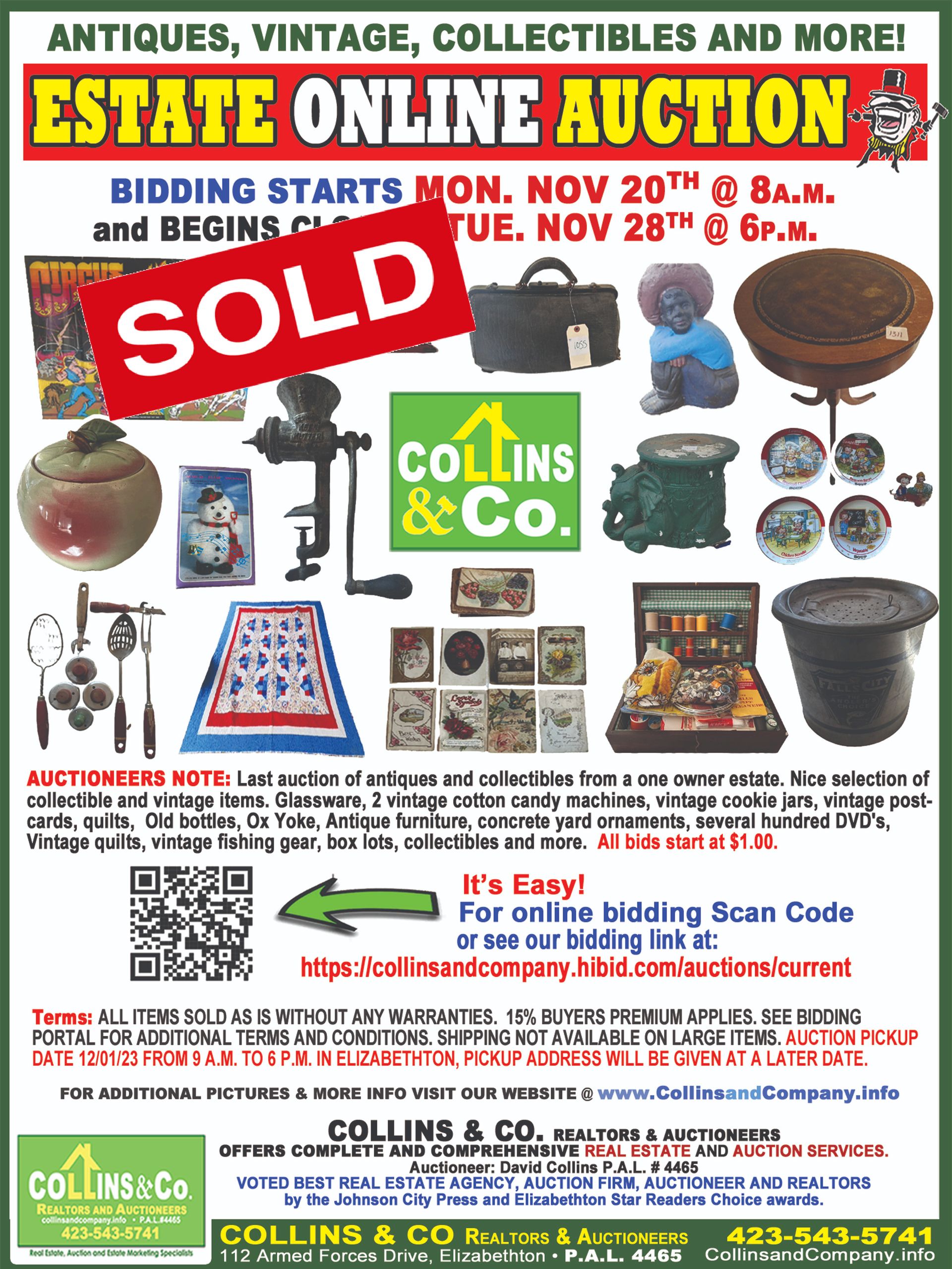 An estate online auction is being held on november 20th and begins on november 26th.