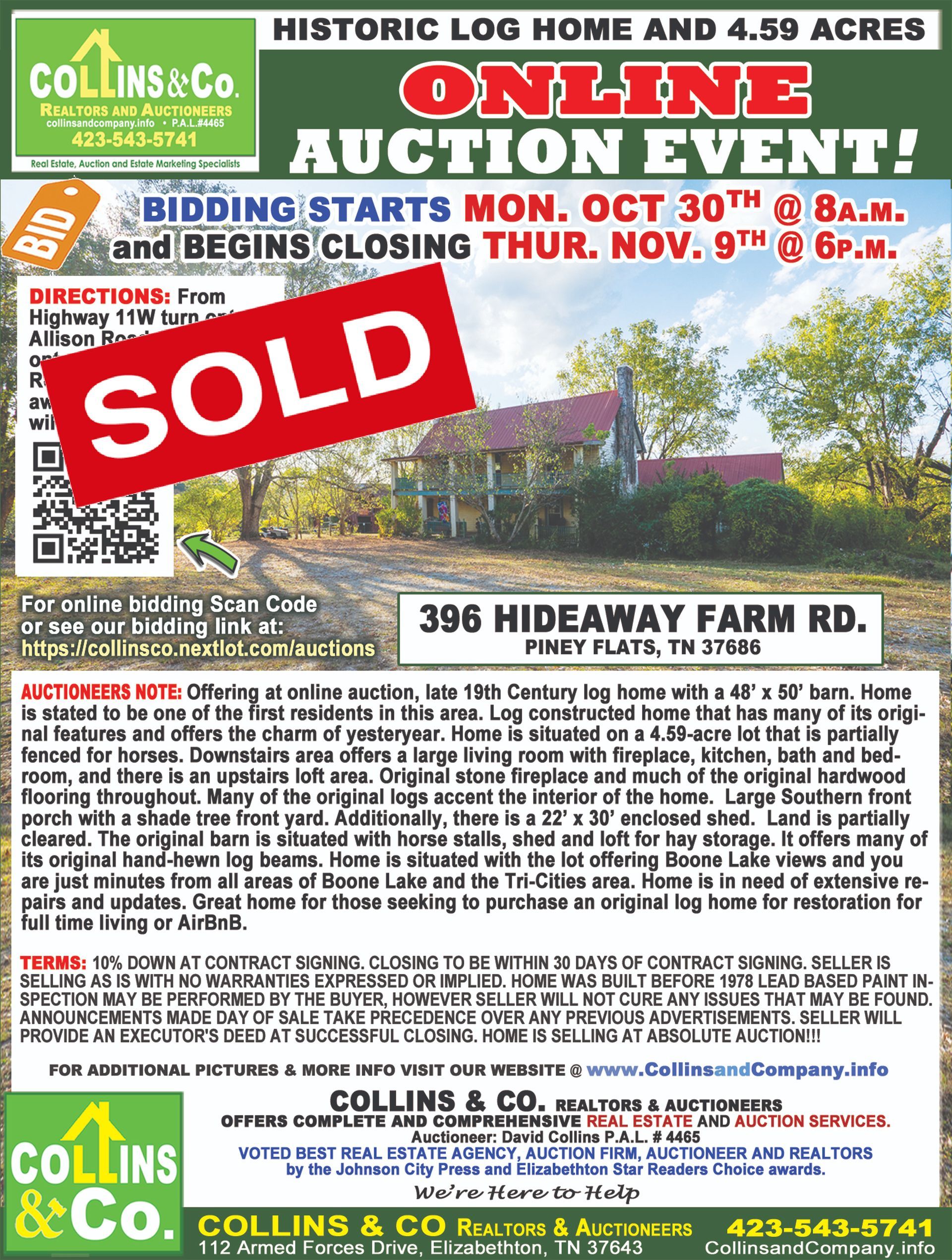 A sold sign is on a flyer for an online auction event.