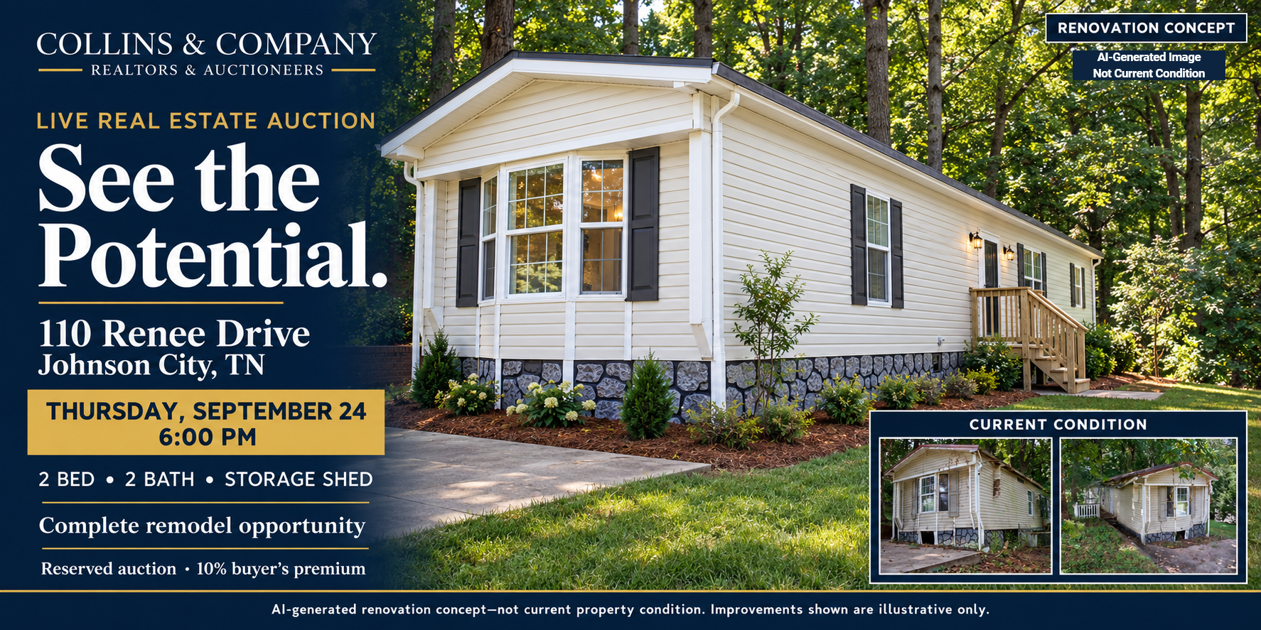 Real estate ad for a white house at 10 Renee Drive in Johnson City, TN, with open house details.