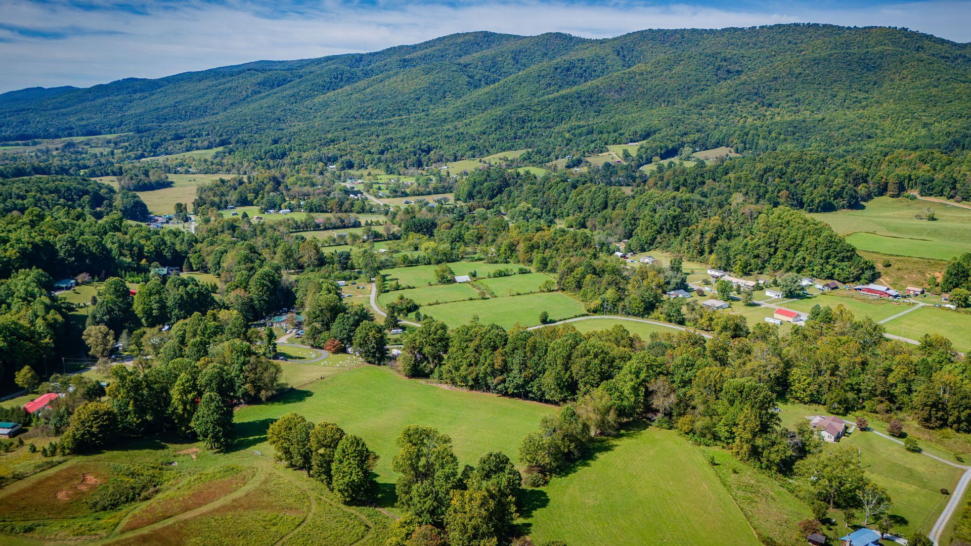 Aerial view of a lush green valley with fields, trees, a small village, and forested hills in the background